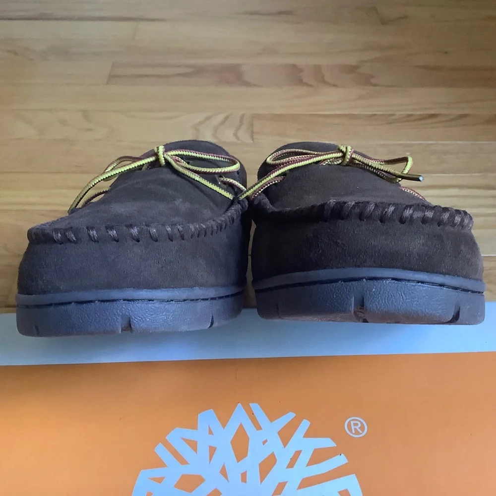 Timberland Suede Stony Ledge Flannel-Lined Moc Slipper/Boat Shoes Dark Brown 12